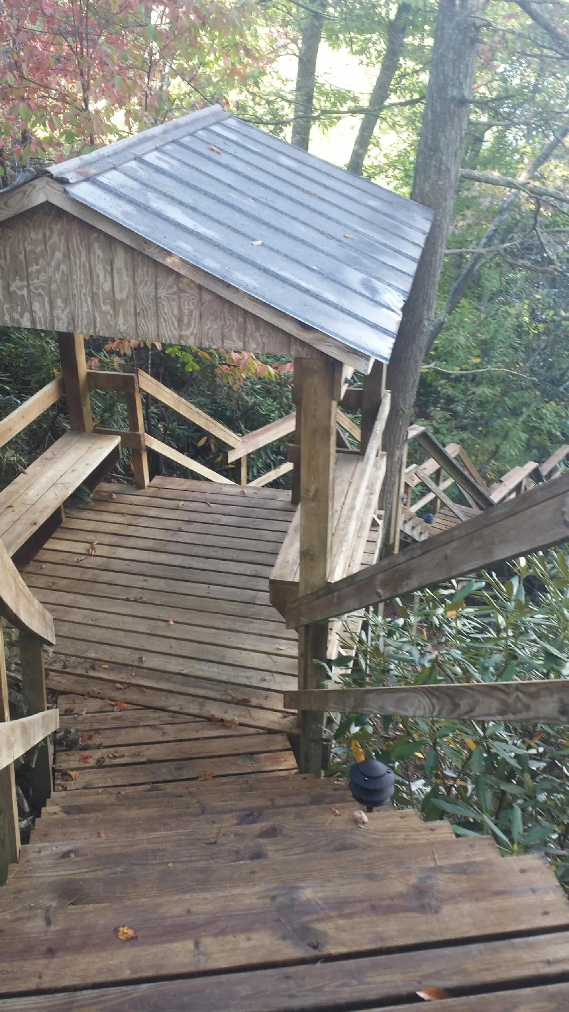 Metal roofed shelter over wooden steps on a wooded walkway — Skylight Repair & Installation work by our crew in Cincinnatus